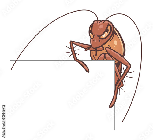Cartoon cockroach looking from behind a white sheet corner. Can be used as design element.