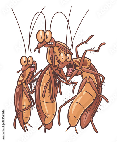 Scared cartoon cockroaches on the white background.