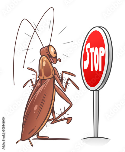 Stop pest illustration with a funny cartoon cockroach.