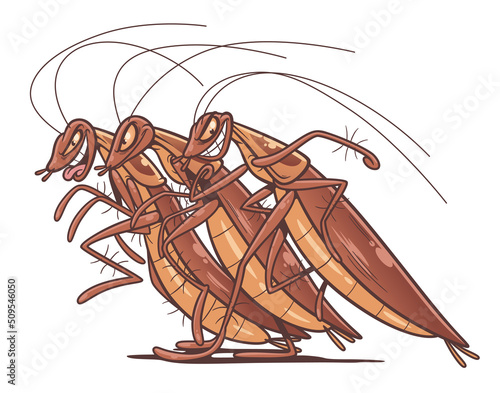 Three walking sneaky cockroaches on the white background. Vector illustration.
