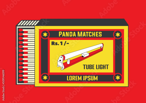 illustration in Matchbox and matches vector illustration. Vintage and antique matchbox packaging design illustration. Tube Light icon. retro style packaging. old style design. open box and template.