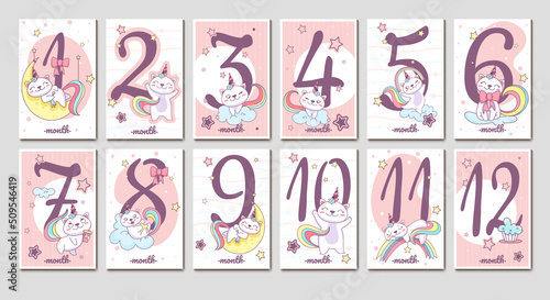 Flat collection of baby monthly milestone cards with cute unicorn cat and numbers in pink color. Birthday month stickers for newborn kids girl with funny caticorn on cloud, rainbow and moon.