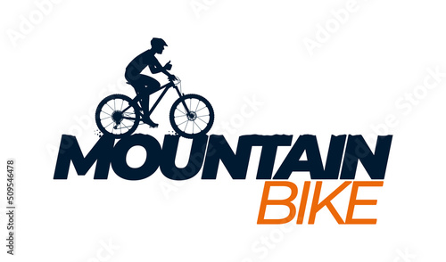 Vector text: MOUNTAIN BIKE with a silhouette of a cyclist on a bicycle. Isolated on white background.