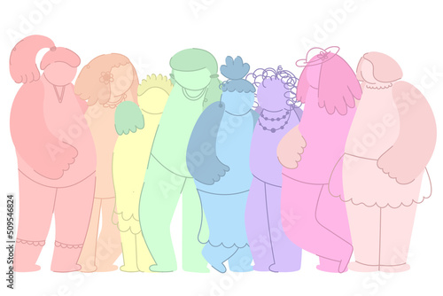 Movement against discrimination in equality, group of different women. feminism. International woman day. Girls are standing hugging together. Teamwork, togetherness, friendship. strong together