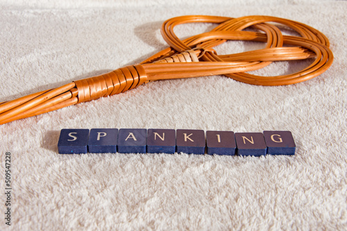 carpet beater with the words spanking on a white background photo