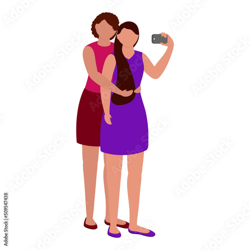 Faceless Young Girls Embracing And Take A Selfie Together Against White Background.