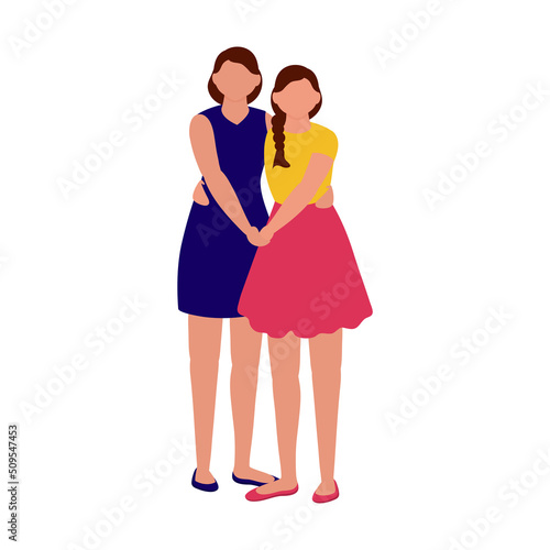 Faceless Modern Young Girls Embracing Against White Background.