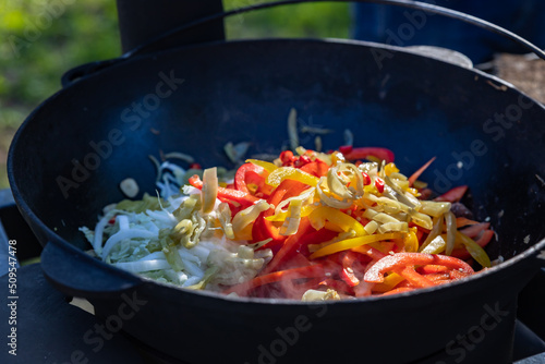 The process of cooking lagman in a cauldron on an open fire. Cooking a traditional dish of Middle East cuisine with homemade noodles, beef and vegetables. Outdoor cooking concept.