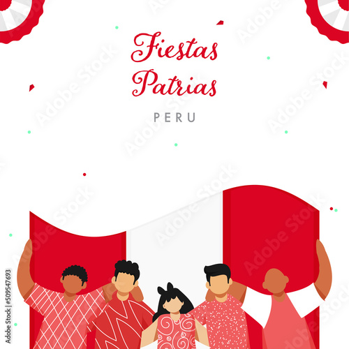 Fiestas Patrias Peru Poster Design With Faceless People Holding Peruvian Flag On White Background.