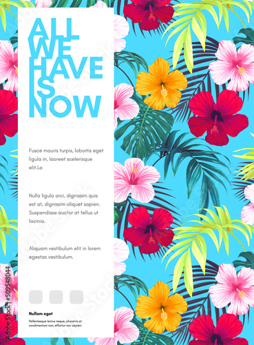 Bright hawaiian design with tropical plants and hibiscus flowers