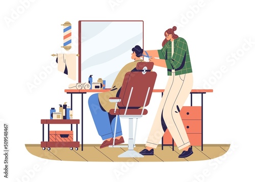 Woman barber cutting hair with scissors. Hairdresser doing haircut for man client, sitting in chair in front of mirror in barbershop salon. Flat vector illustration isolated on white background