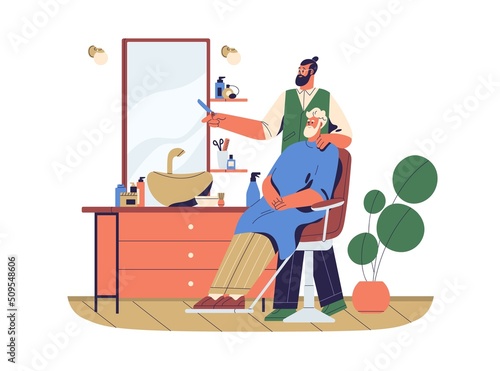 Barber doing haircut, caring, grooming, cutting gray hair, beard of senior man client sitting in chair. Person and hairstylist in barbershop. Flat vector illustration isolated on white background