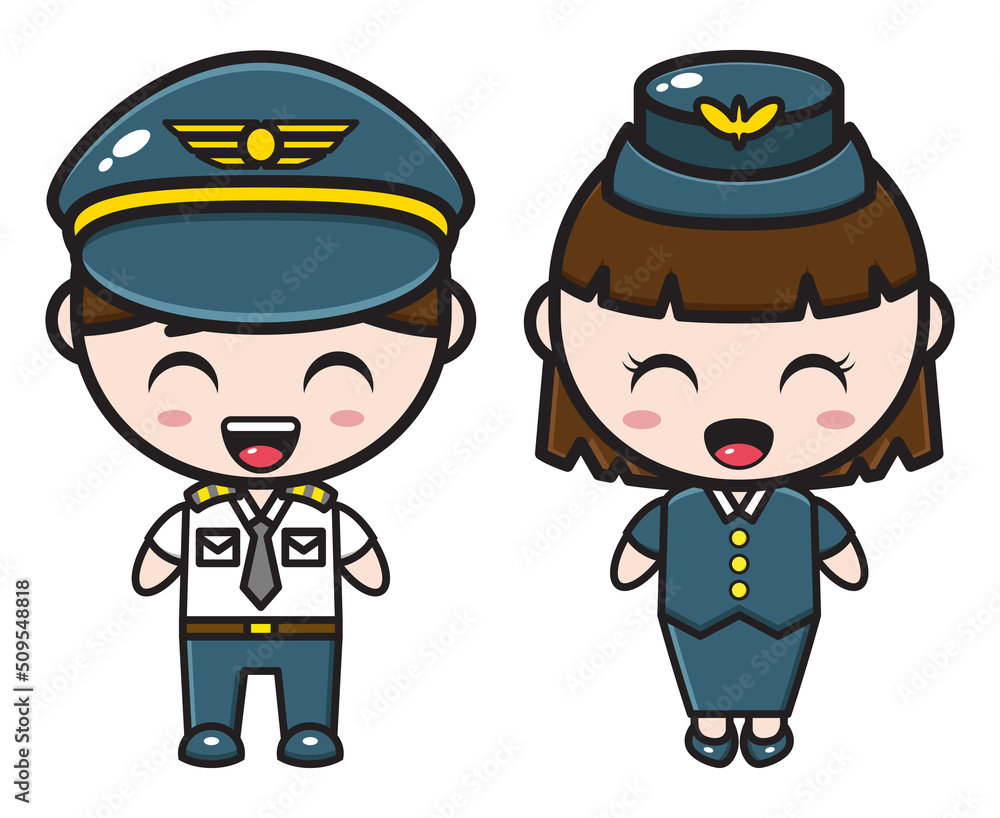 Cute cartoon couple illustration wearing flight uniform