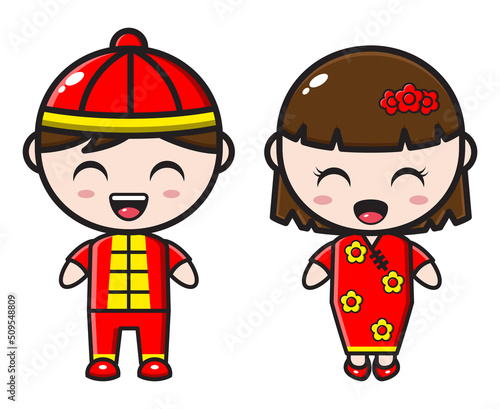 Cute cartoon couple illustration wearing cheongsam © Nyco_art