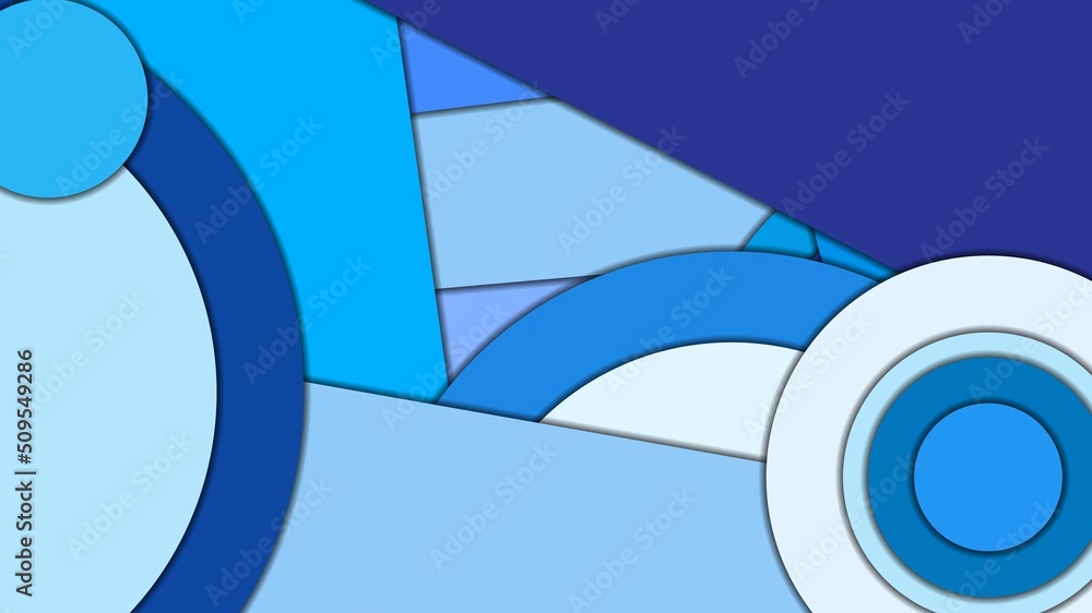 Fototapeta premium Abstract geometric vector background in Material design style with a limited harmonized palette, with concentric circles and rotated rectangles with shadows, imitating cut paper.