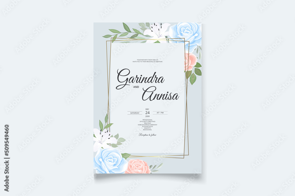 Obraz premium Wedding invitation card template set with beautiful colouful floral leaves Premium Vector