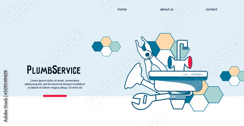 Plumber service website template, flat vector illustration. Plumbing works, installation and repair of pipes, water supply fittings.
