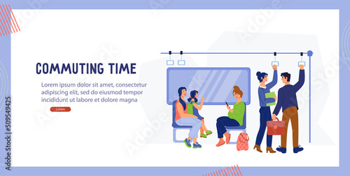 Public commute transport website banner template with passengers inside subway train, flat vector illustration. Public urban transport, commuting and suburban traveling.