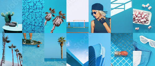 Set of trendy aesthetic photo collages. Minimalistic images of one top color. Fresh Tropical Blue summer moodboard photo