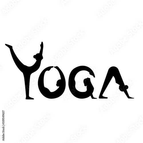 international yoga day. silhouette yoga body posture font. Women practicing yoga. vector illustration design