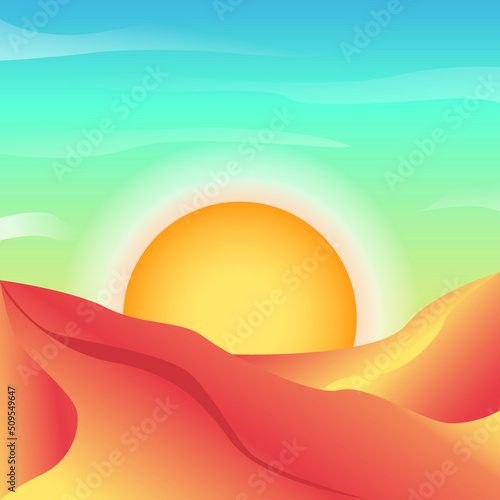 Desert landscape, sunrise on the background of sand dunes. Vector illustration. Design for printing books, posters. Printing on clothes, t-shirts, textiles. Icon for social networks. Book illustration