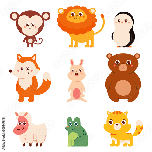 Cute jungle, forest, farm animals and pets vector cartoon characters set isolated on a white background.