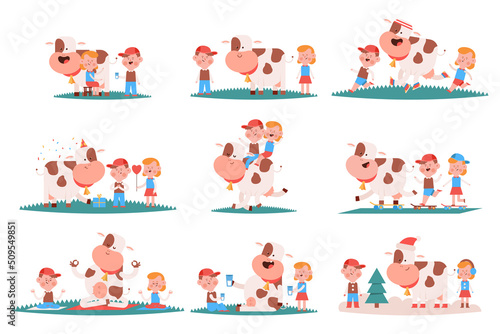 Cute cow and kids in different actions vector cartoon characters set isolated on a white background.