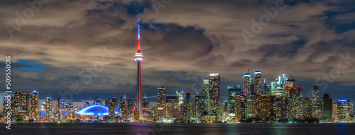 Panoramic view of Toronto skyline at night in Toronto, Ontario, Canada.