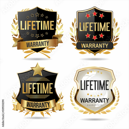 Collection of warranty guaranteed gold and black  labels on white background