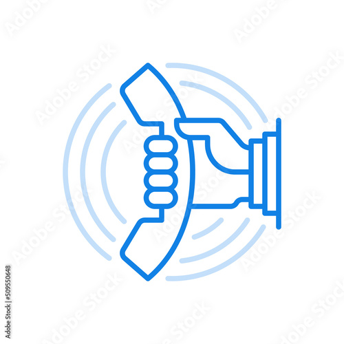 Hand holds out telephone receiver line vector icon. Calling subscriber and maintaining connection.
