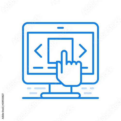 View files on computer monitor line vector icon. Scrolling through pages information and electronic photos.