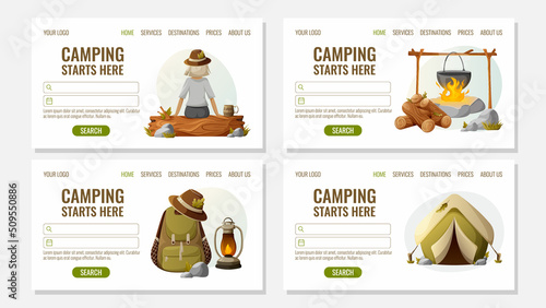 Camping, set for website. Girl, log, mug, tourist tent, backpack, bonfire, firewood, iron cauldron, vector illustration, cartoon style. Concept of travel, journey. Design for, landing page