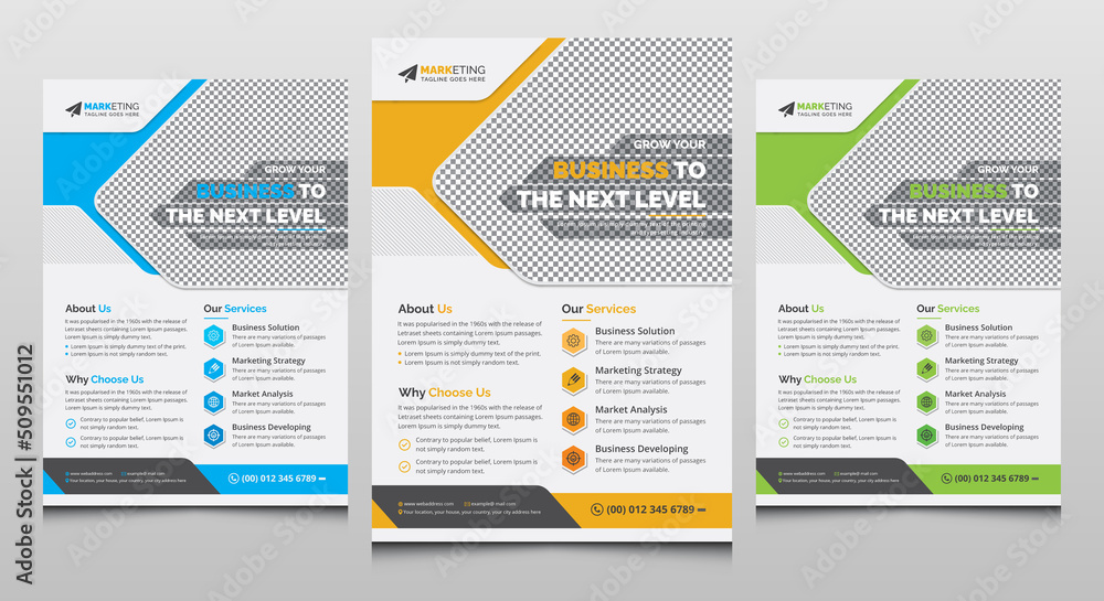 Obraz premium Blue, Yellow, Green Color, Modern A4 Corporate Flyer Template Layout, Professional Business Leaflet Mailer Creative Clean Design
