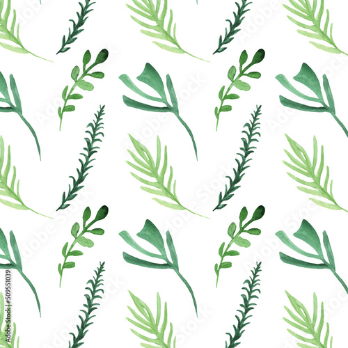 Seamless background with green leaves  pattern in vintage watercolor style.