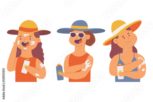 Woman applying sunscreen vector cartoon characters set isolated on a white background. Skincare illustration.