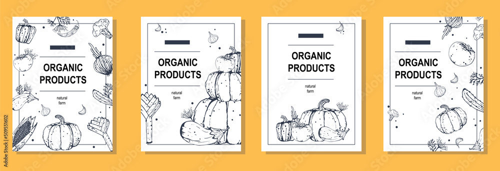 Organic products. Farm vegetables promotional postcard set. Hand drawing style. Vector illustration. Eps10