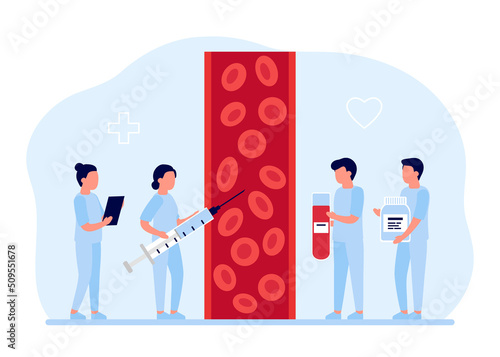 Blood test, science health on blood, donor help. Doctors study and examination health people, medicine aid. Vector illustration
