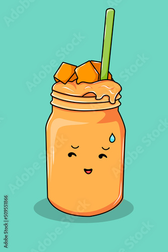 Mango Smoothie with Cute Expression Cartoon Illustration