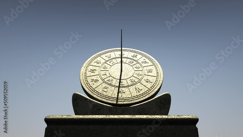 sundial with bronze in blue sunny sky 3D rendered time lapse
 photo