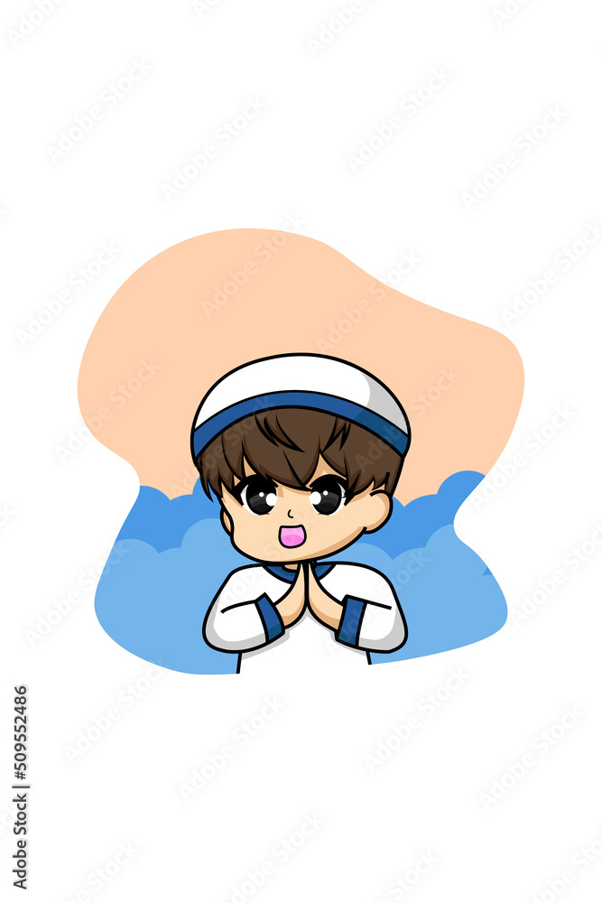 Cute Moslem Boy with Grey Eyes Cartoon Illustration Cute Moslem Boy with Grey Eyes Cartoon Illustration