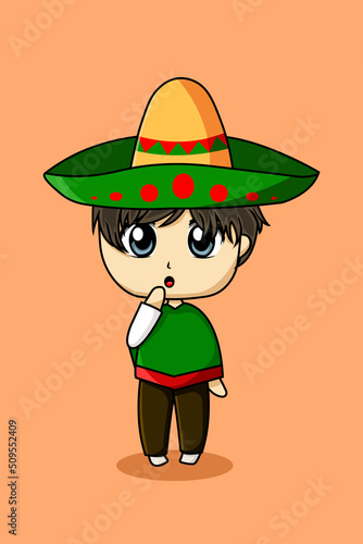 Cute Mexican Boy with Sombrero Hat Cartoon Illustration