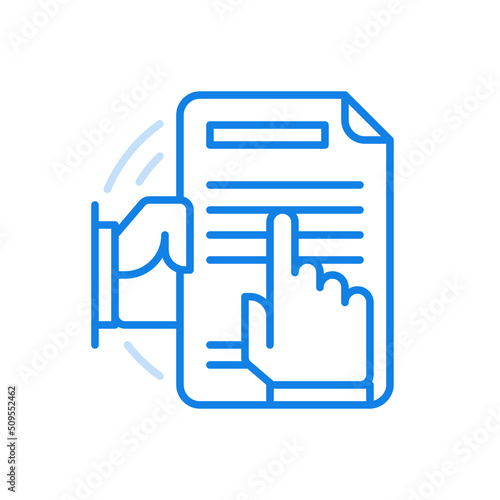 Close examination agreement vector line icon. Detailed review legal contract with error correction.