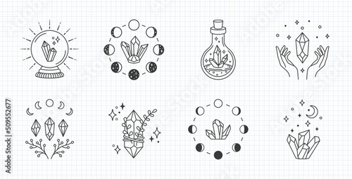 Mystical moon crystal, line art vector logo. Boho crystal clipart, editable stroke