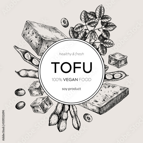 Tofu wreath design in vintage style. Sketched vegan food illustration. Traditional Asian food ingredients. Tofu frame for packaging, menu, recipe, and product. Vector food design.