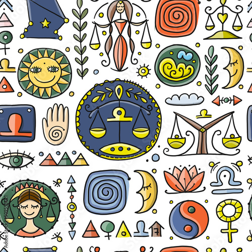 Libra zodiac sign. Element of Air. Seamless Pattern of Astrology, Horoscope