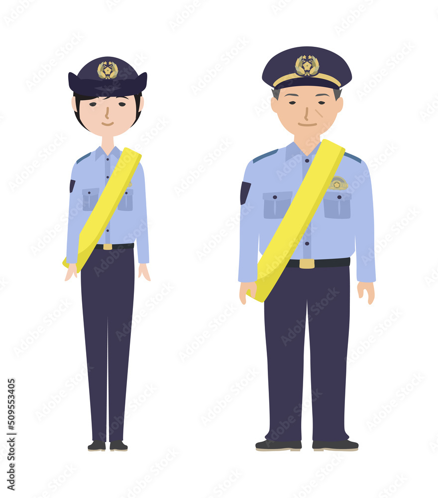 交通安全のたすきをかけている夏服の警察官たち（文字なし）

