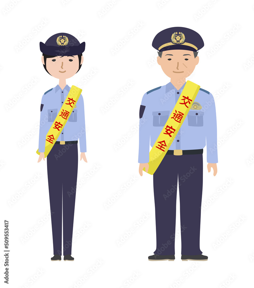 交通安全のたすきをかけている夏服の警察官たち 交通安全のたすきをかけている夏服の警察官たち
