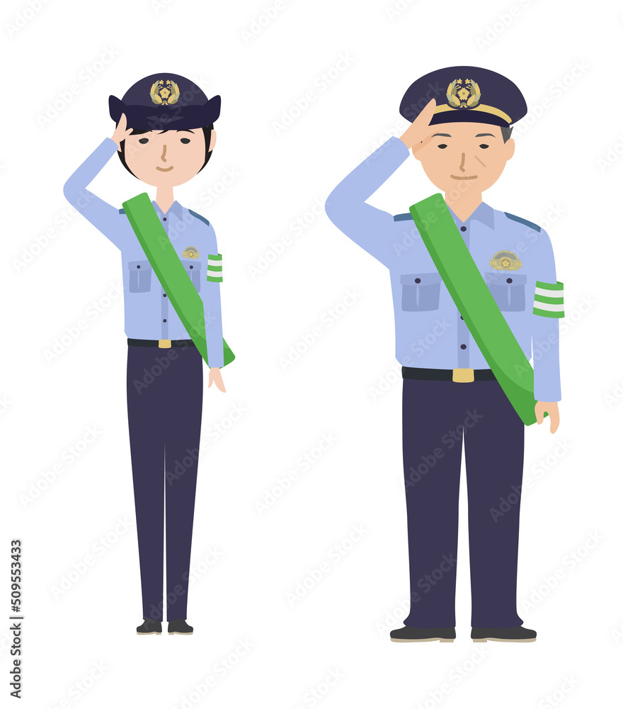 防犯パトロールのたすきをかけて敬礼している夏服の警察官たち（文字なし）
