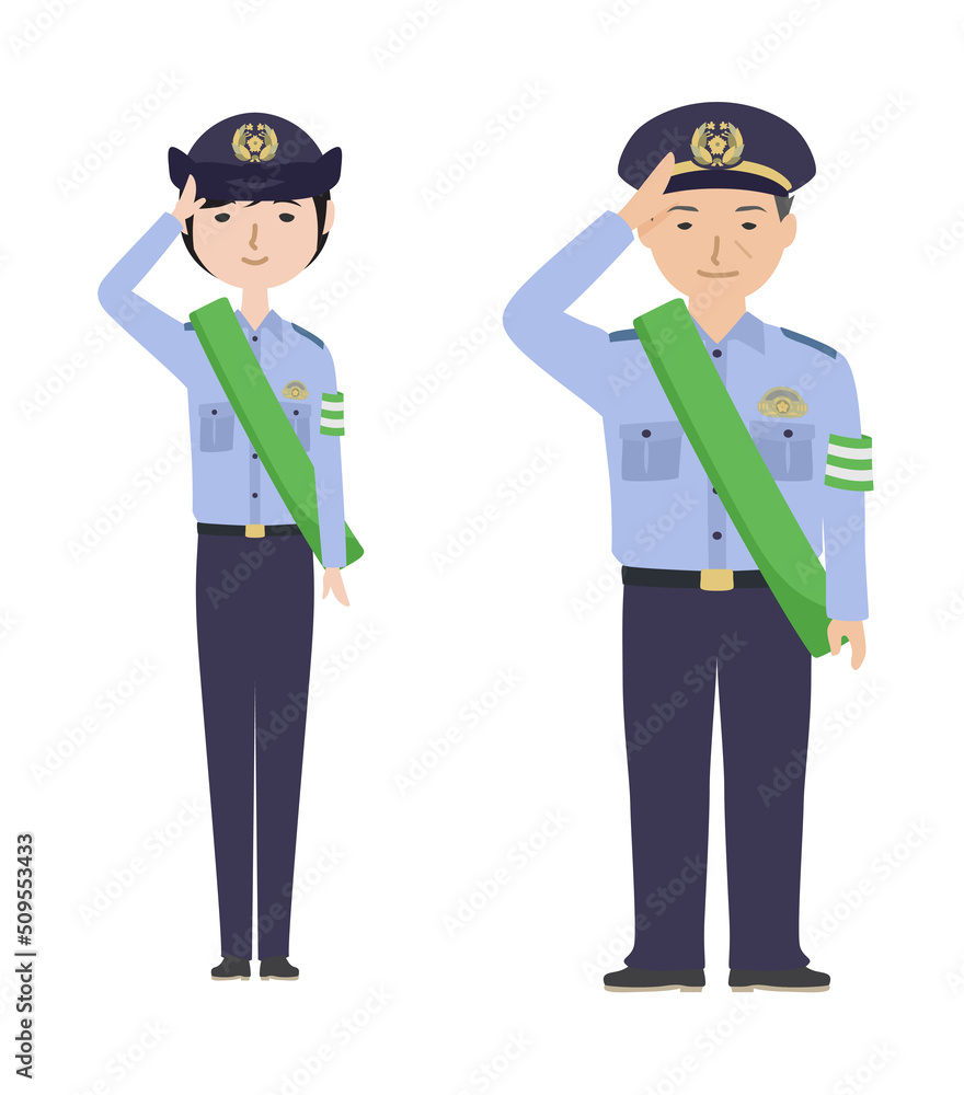 防犯パトロールのたすきをかけて敬礼している夏服の警察官たち(文字なし)
防犯パトロールのたすきをかけて敬礼している夏服の警察官たち(文字なし)