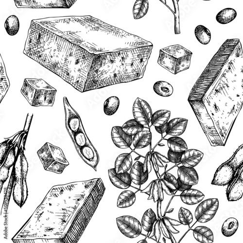 Tofu seamless pattern. Sketched vegan vector food backdrop. Traditional Asian food ingredients. Tofu, soybeans, soya plants background for packaging, wrapping paper and product design